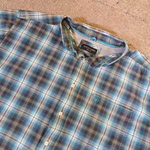 Ariat Pro Series Plaid Button Up Short Sleeve Western Shirt Men's XLT Blue